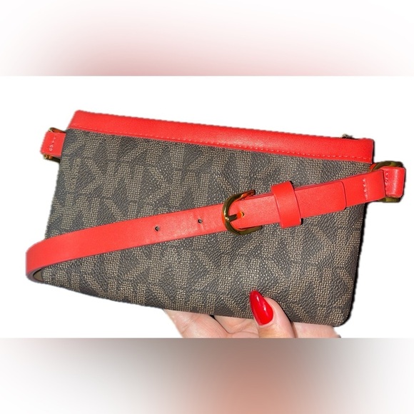 MICHAEL Michael Kors Brown/Red Signature Coated Canvas and Leather Belt Bag - Picture 15 of 15